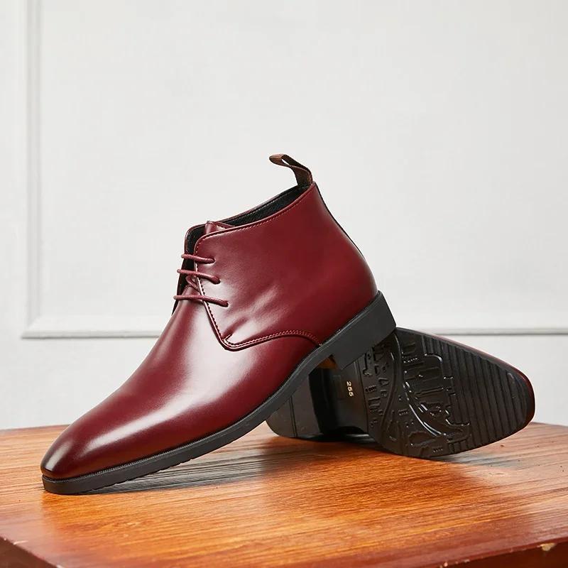Fashion High End Luxury Brand Wine Red Men's Banquet Dress Shoes Lace Up Pointed Men's Business Shoes Winter Fashion Trend Ankle Boots