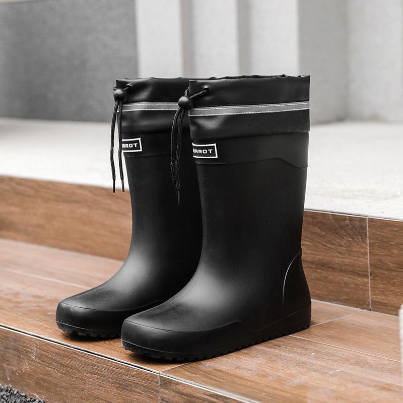 Water shoes, high-end medium tube flat-bottomed rain shoes, men's closing mouth plus fixed cotton lint, winter velvet rain boots, size waterproof glue