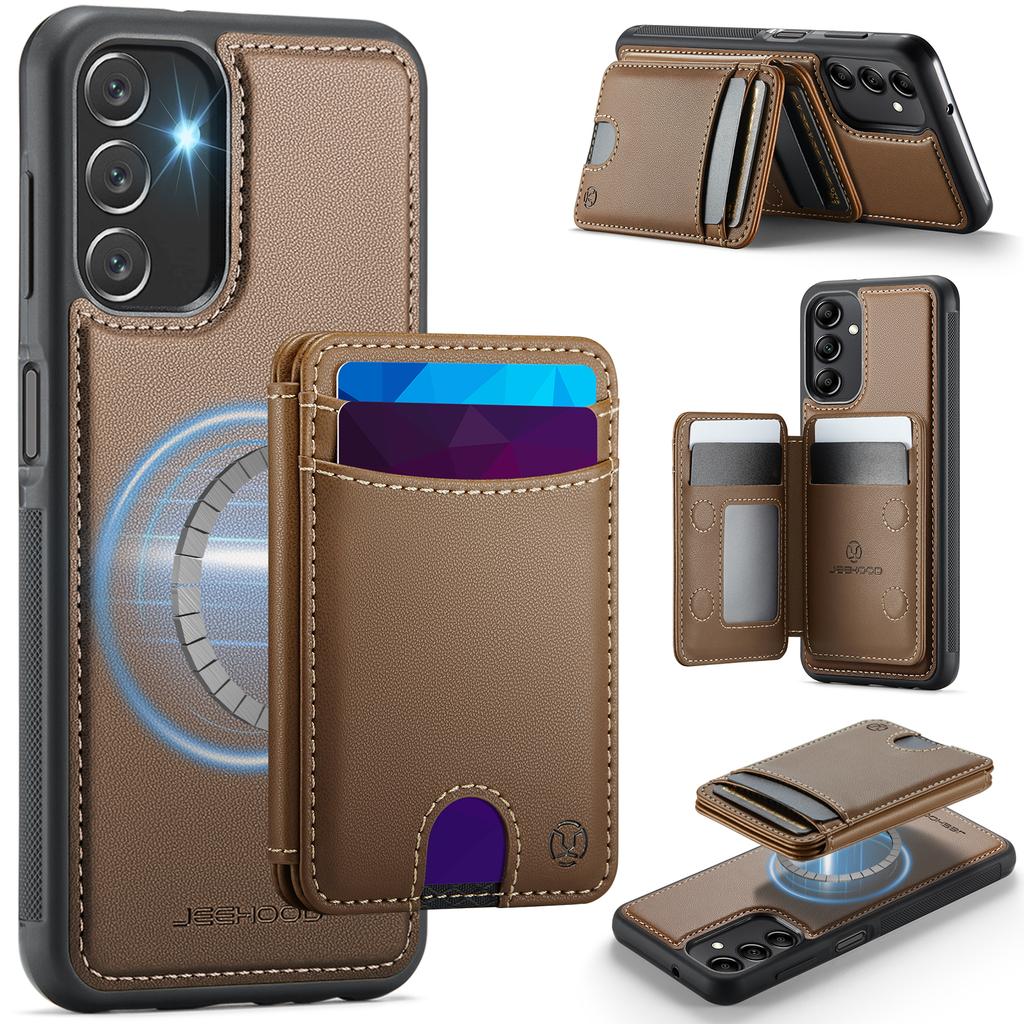 For Samsung Galaxy A14 4G/Galaxy M44 5G/Galaxy A14 5G Magnetic Case JEEHOOD J10 Leather Back Phone Cover with Detachable Card Holder Kickstand