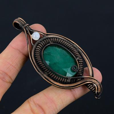 Zümrüt, Aytaşı Taş Saf Bakır Tel Sarılmış Tasarımcı El Yapımı Kolye Takı Onun İçin Hediye