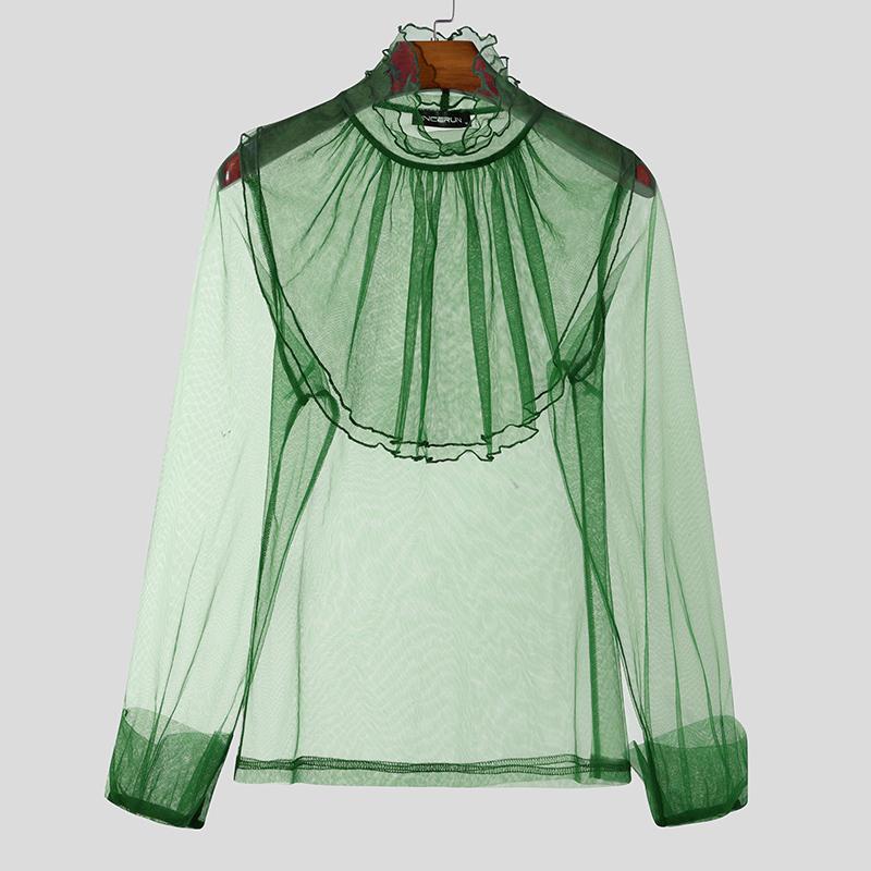 INCERUN Men Turtleneck Ruffled Layers Long Sleeve See Through Party Mesh Sheer Tops