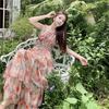 Women's Summer Waist Slimming Backless Hanging Neck Holiday Beach Ruffle Printed Long Skirt