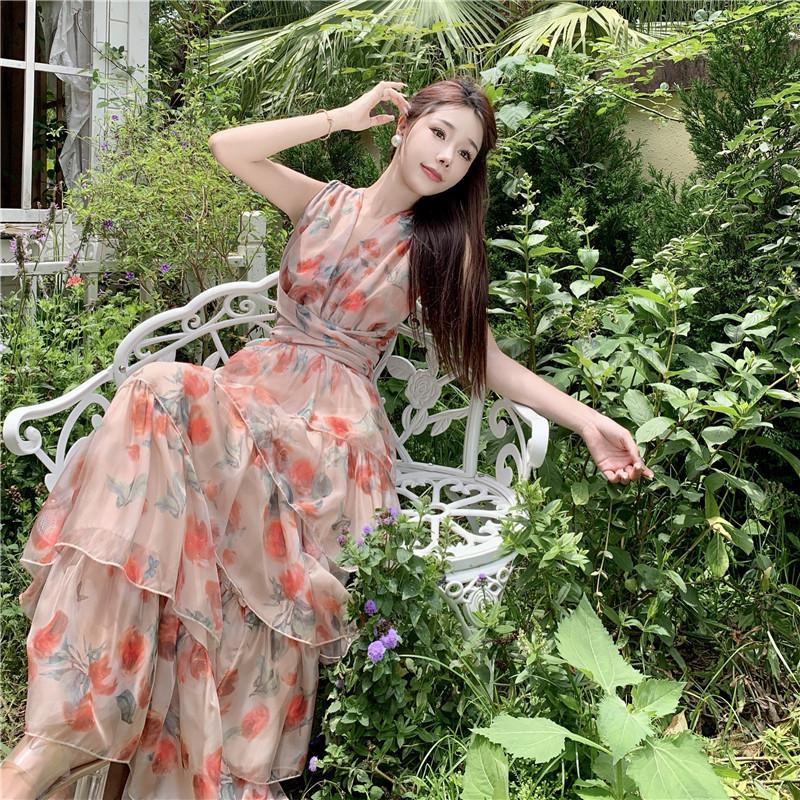 Women's Summer Waist Slimming Backless Hanging Neck Holiday Beach Ruffle Printed Long Skirt