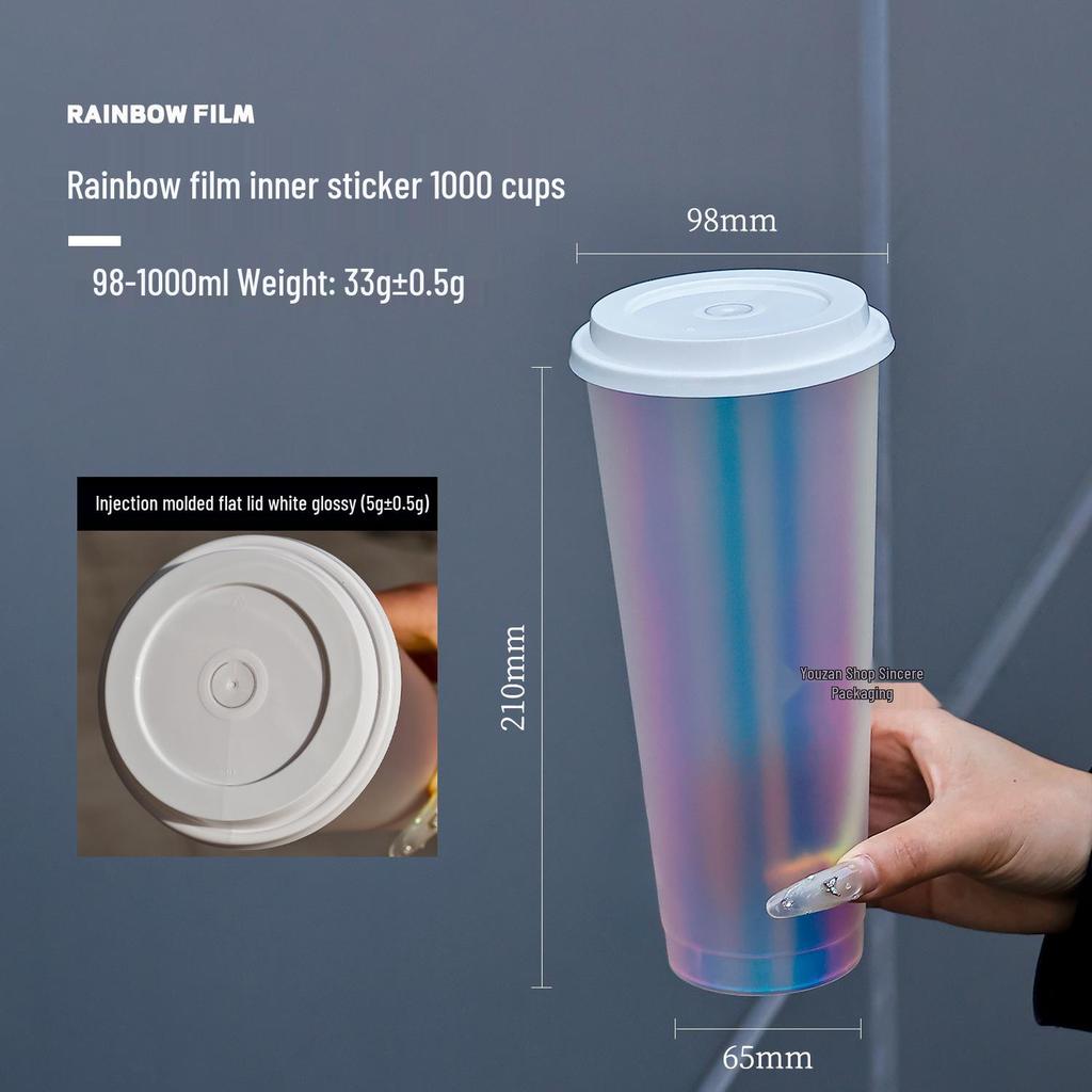 1L Disposable Rainbow Milk Tea Cup with Lid, 98mm Caliber, Colorful Laser Film Inner