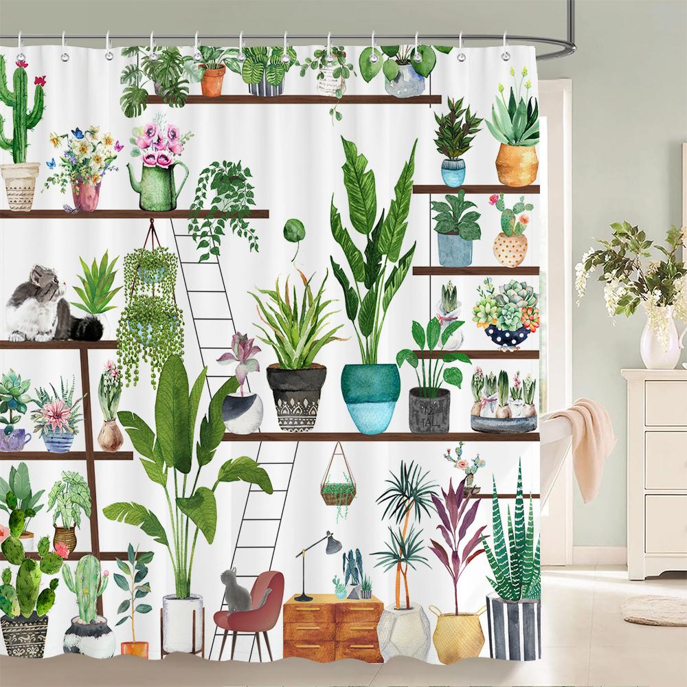 Green Leaves Plant Flowers Shower Curtain 180Cm*180Cm With Hooks, Floral Waterproof Shower Curtain, Shower Curtains For Bathroom