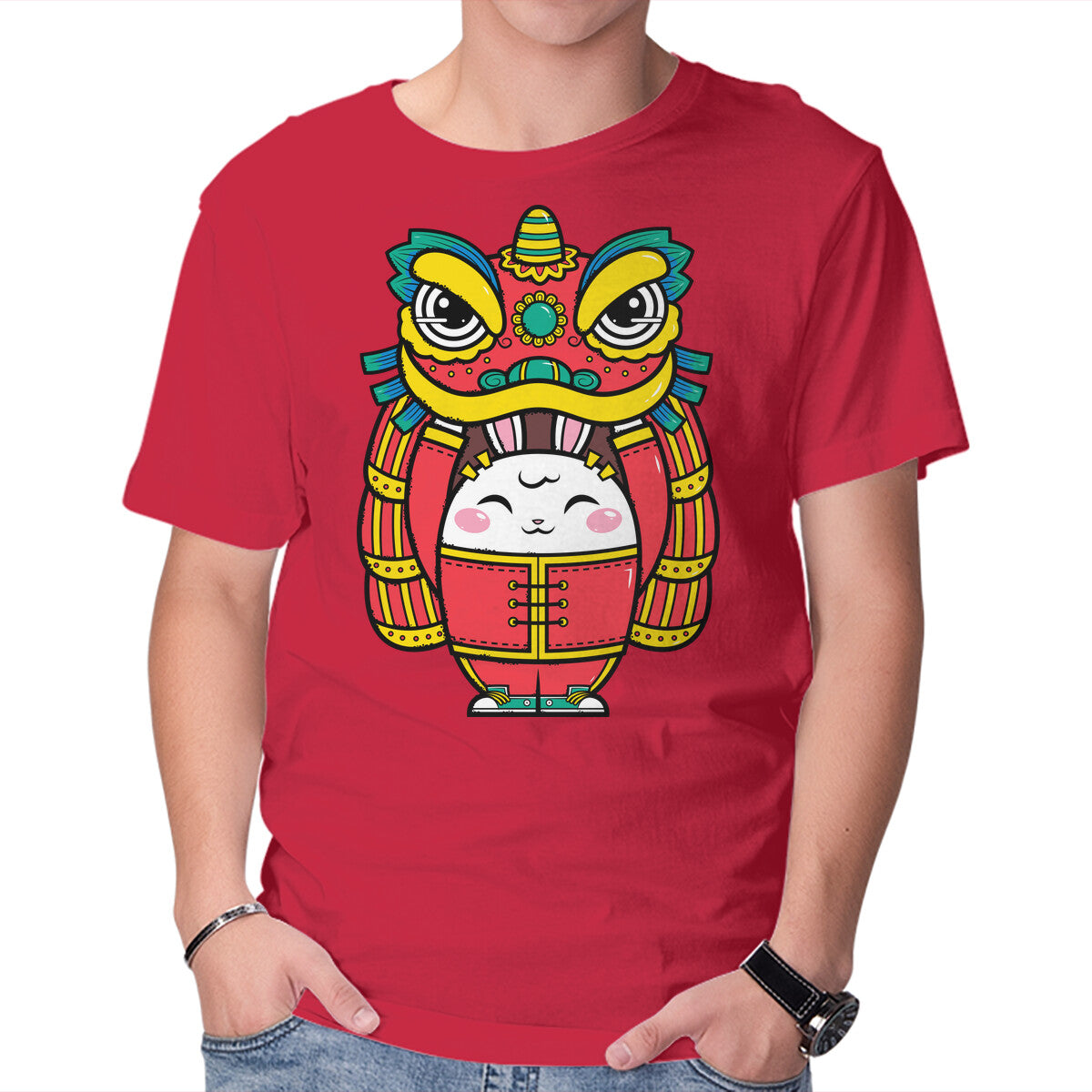 Unisex Crew Neck T-Shirt Lion Dance Bunny Graphic Short Sleeve Casual Tee XS