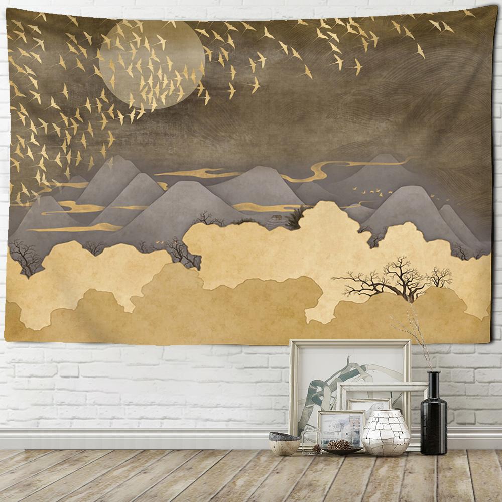 Mountains Sun Moon Landscape Print Tapestry Migratory Birds Fly Wall Hanging Tapestry Macrame Wall Hanging Home Art Decor