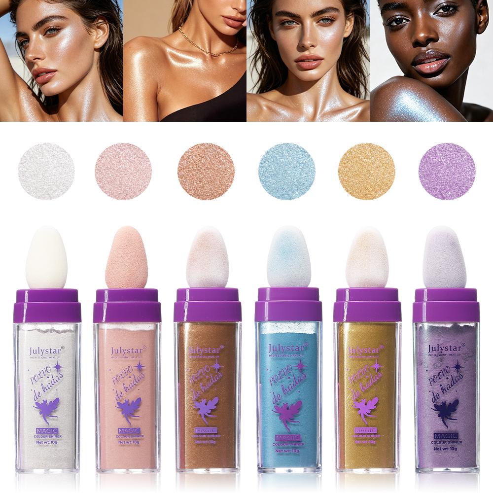 6er Set Glitzerpuder, 6 Farben Magisches Schimmer Highlight Puder für Körper Gesicht Glänzend, Funkelnder Feenstaub Strandparty Make-up für Haare & Lippen