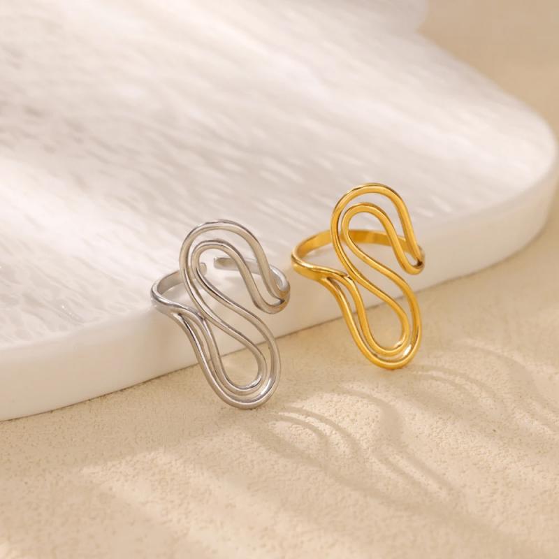 Stainless Steel Unique Double S-Shaped Opening Rings for Women Men 18K Gold Color Stylish Anti Allergenic Waterproof Jewelry