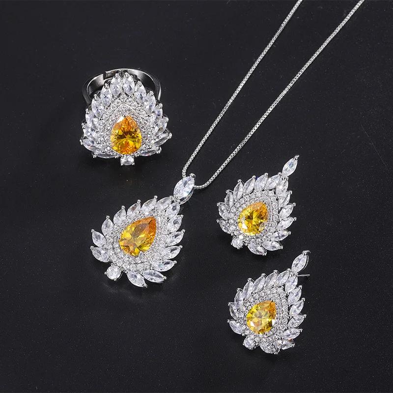 Retro Citrine Water Droplets Crystal Luxury Jewelry Earrings Adjustable Ring Necklace Women Wedding Anniversary Gift Boho