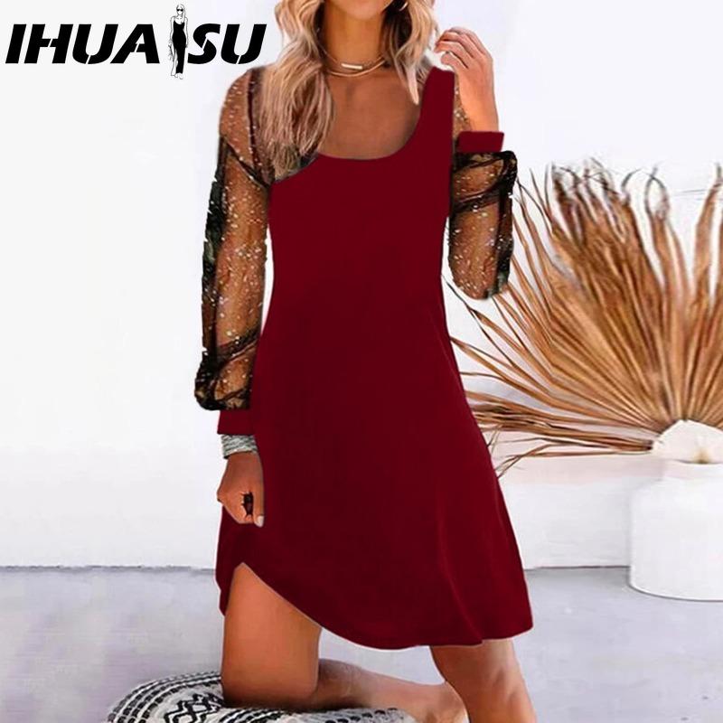 IHUASU Women's Fashion Spring Autumn Solid Color Print Long Sleeve U-Neck High Waist Casual Dresses