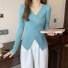 Women's Knitted Sweater Undershirt Autumn and Winter Slim V-neck Cross Irregular Sweater Knitted Bottoming Shirt