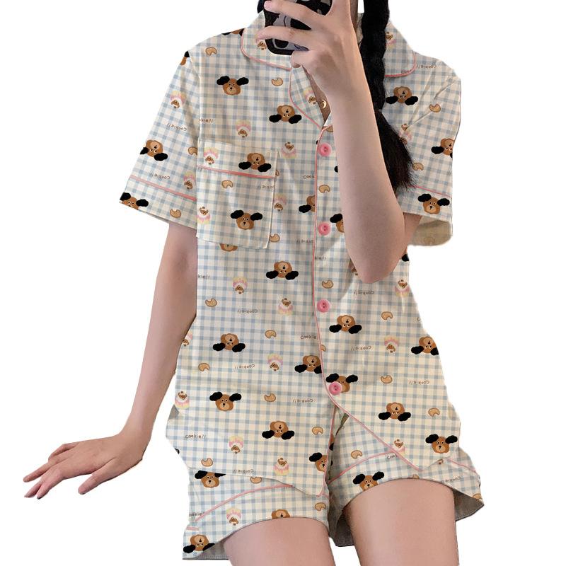 Cute Cute Puppy Pajamas Women'S Summer Thin Plaid Cartoon Loose Loungewear Short-Sleeved Suit