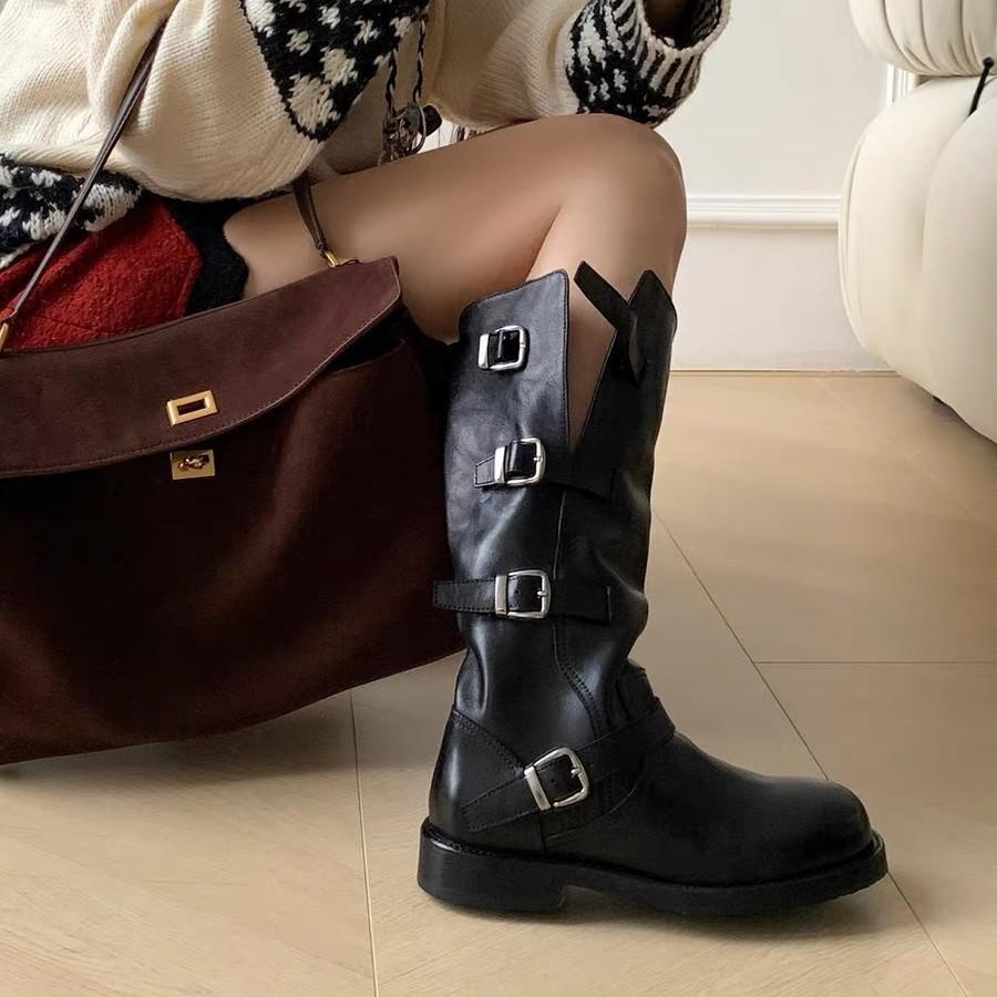 Cowhide Version~ Retro Belt Buckle Thick Heel Shoes Women's Thick-soled Thin Brown Long Boots Big Tube Circumference High Knight Boots