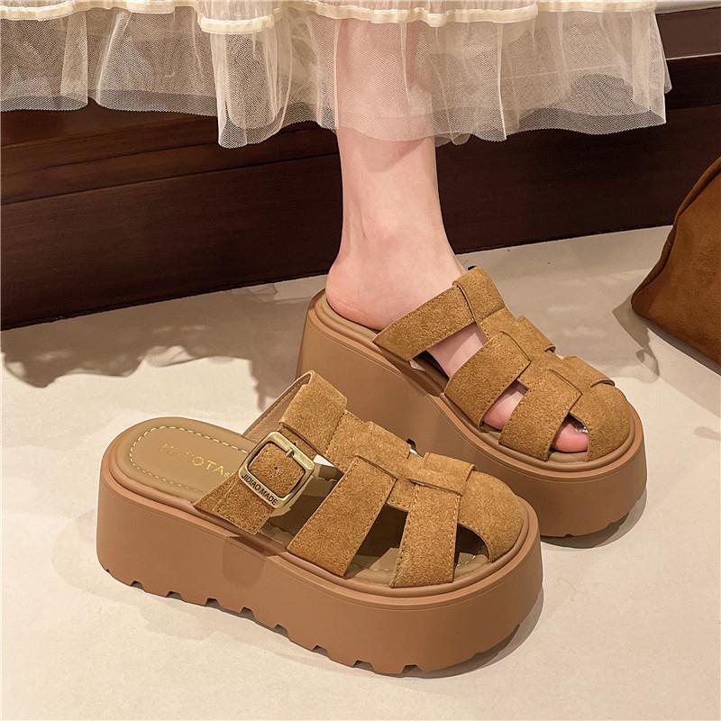 Fashion Increased Internal Fretwork Heels Shoes Ladies' Slippers Platform Cover Toe Slipers Women 2025 Slides House Slippers Platform