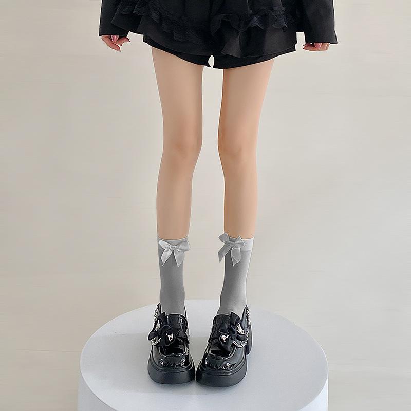 

Носки с бантами Весенне-летние тонкие носки до середины икры Бархатный ледяной шелк Конфетных цветов Дуй Дуй Лолита Чулки выше колена 1 pair серый