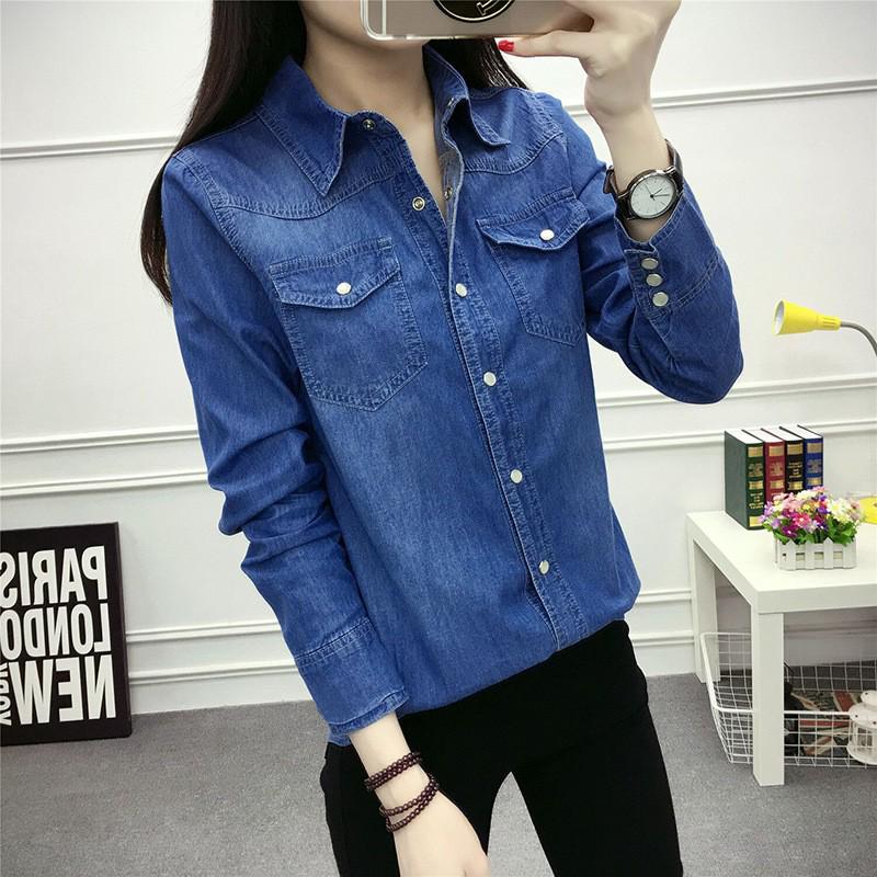 

Women s Retro Slim Fit Denim Shirt with Pearl Buttons - Long Sleeve, Spring College Style XL темно-синий