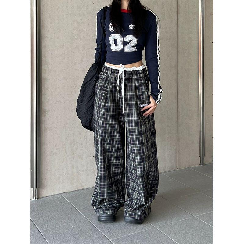 

Versatile Retro Plaid Wide-Leg Elastic Waist Pants Small
