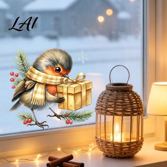 Non Adhesive Window Clings Christmas Bird Static Sticker Cute Watercolor Glass Stickers with Pine Branch PVC Waterproof Creative Gift Ideas