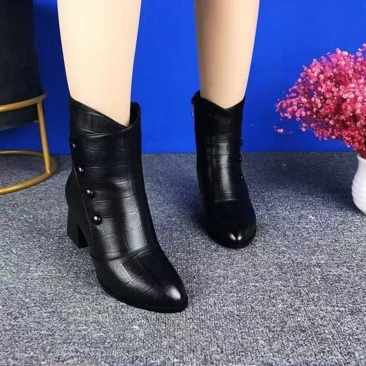 2024 Winter Neue Weiche Leder Stiefeletten Damenmode Lässig Mittelhoch Absatz Damenschuhe