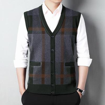 New Autumn and Winter Men's Knitted Cardigan Vest Middle-aged and Elderly Autumn and Winter Casual V-neck Vest Loose Version Wool Vest