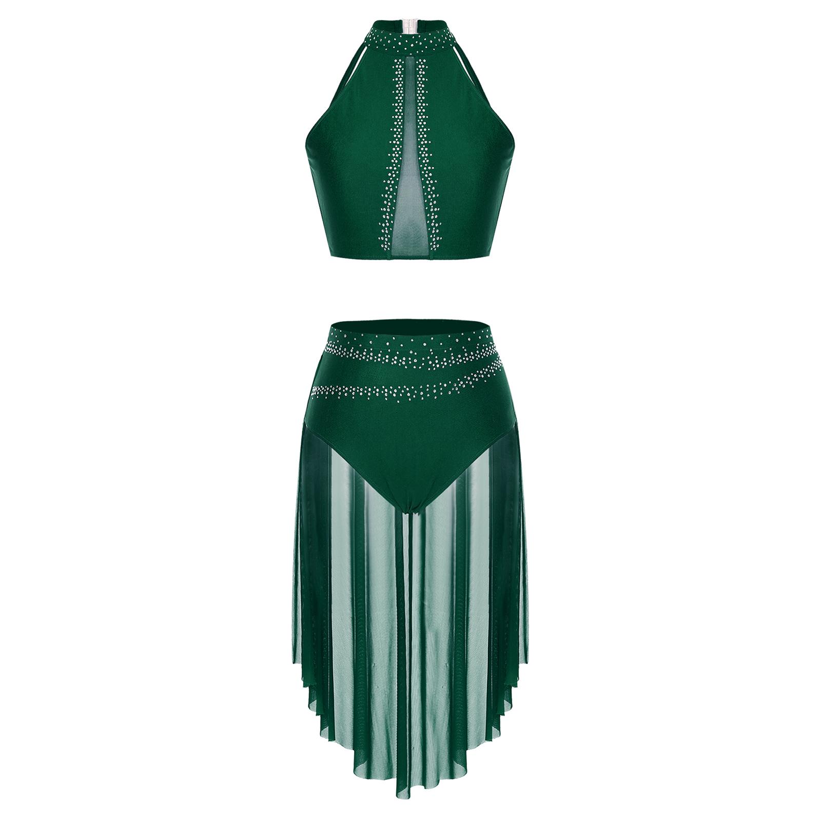 

Женский танцевальный костюм из двух частей, блестящий укороченный топ со стразами и открытой спиной, с плавными трусиками-юбками для выступлений на сцене M зелёный