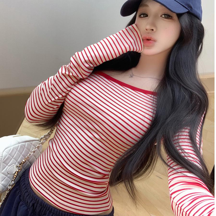 Pink Striped One-Shoulder Slim-Fit Long-Sleeve Top for Petite Women - Autumn/Winter Style