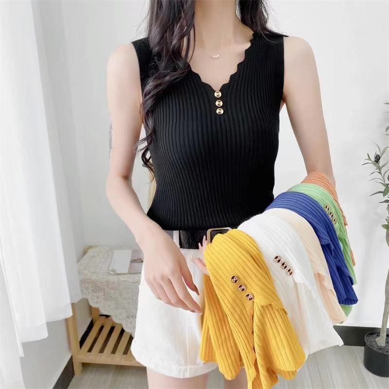 Ice Silk Small Suspender Sleeveless Vest for Women's Summer Outer Wear with Loose Short V-neck Knitted Bottoming Shirt Top