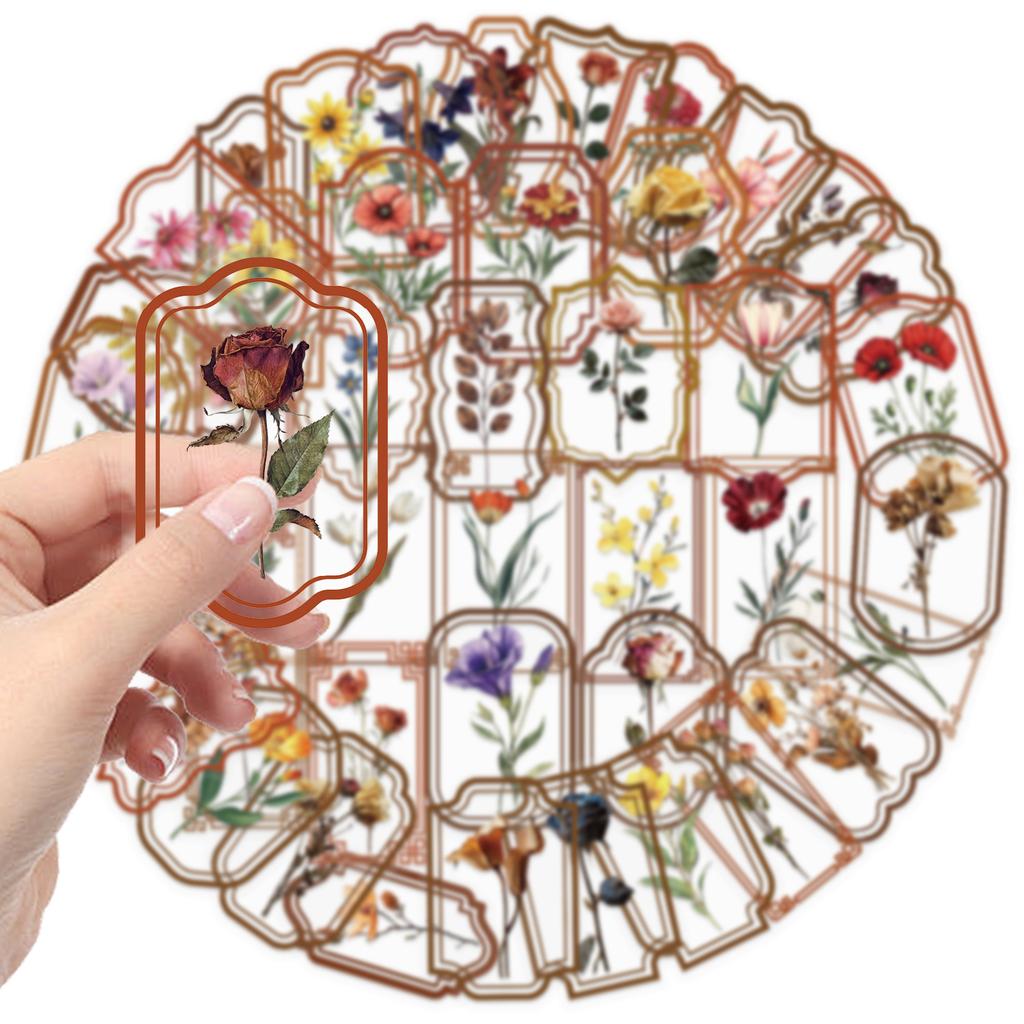 50 Transparent Retro Plant Stickers Package, Waterproof Transparent PET Manual Material Decorative Guitar Notebook
