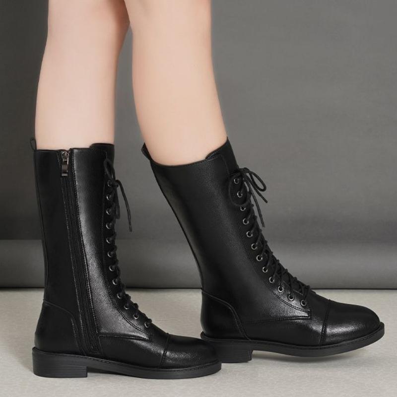 Autumn Winter Black Leather with Laces Fleece-Lined Mid Calf Shoes Woman Comfortable and Elegant Sale Half High Boots for Women