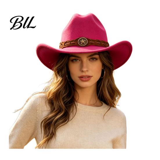 Winter Windproof Wool Cap Unisex Western Cowboy Hat, Felt Fedora Hat with Faux Leather Band, Retro Wide Brim Cowgirl for Men Women Autumn Warm