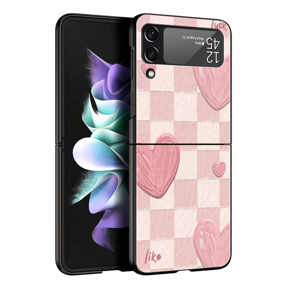 Phone Case for Samsung Galaxy Z Flip 3 4 5 6 7 Folding Black Shell For Samsung Z Flip4 Flip5 PC Hard Cover Pink Grid