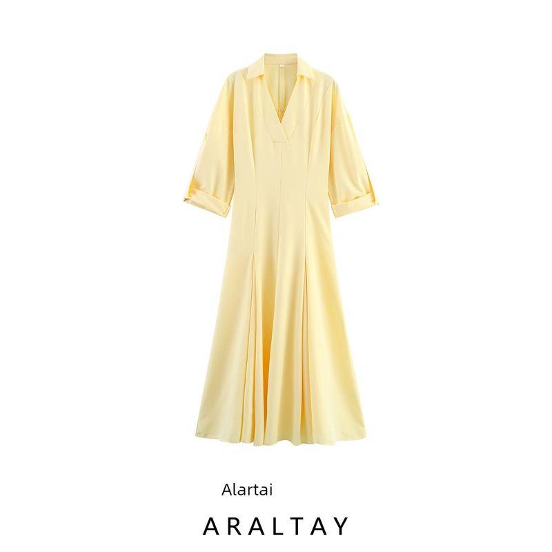 Araltay New Arrival Fashion Style Women's Clothing Fashion All-Match Flip V Neck Short Sleeve A- Line Shirt Trench Coat Long Dress