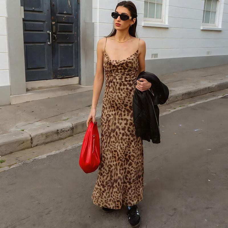Leopard Print Sling Maxi Dress For Women Summer Elegant Backless Sleeveless Slip Long Dress Female Sexy Party Vestidos