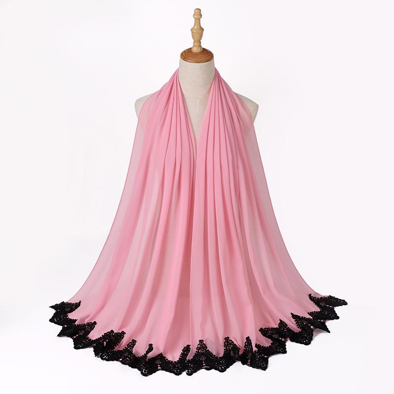 New Pearl Chiffon Malaysia Fashion Black Lace Scarves Muslim Shawl Plain Soft Turban Head Wraps Headband