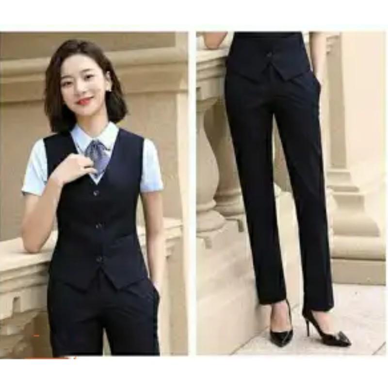

Women s Four Seasons Formal Suit Solid Color Simple Single-breasted Sleeveless Vest + Suit Pants Slim Workwear Two-piece Suit XXS темно-синий