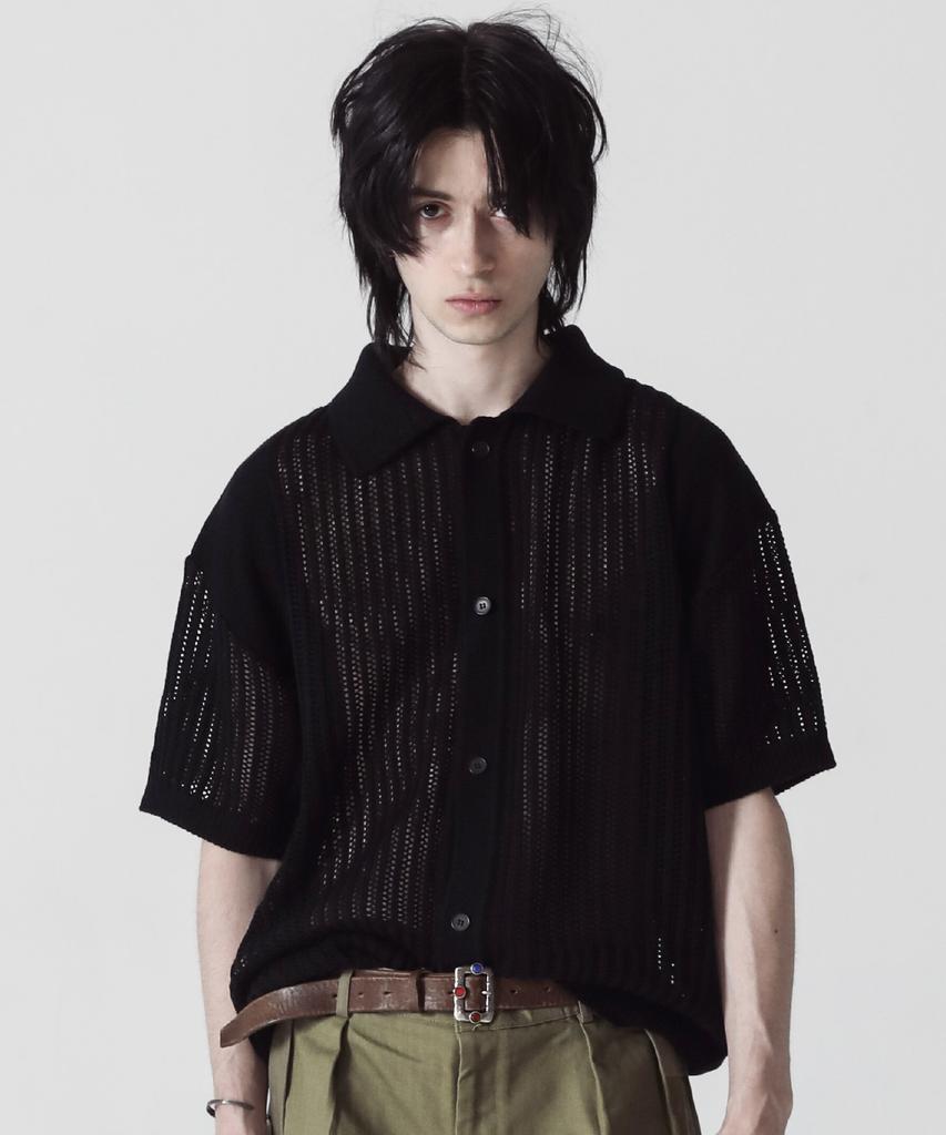 Stage Name Summer Varsity Short Sleeve Knit Shirt Cardigan_Black