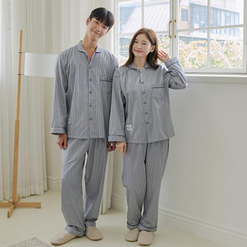 [JJINIYA] Bibi Grey 40-Count Pure Cotton Couple Long Sleeve Pajama Set [Shipped from Korea] 100% Authentic