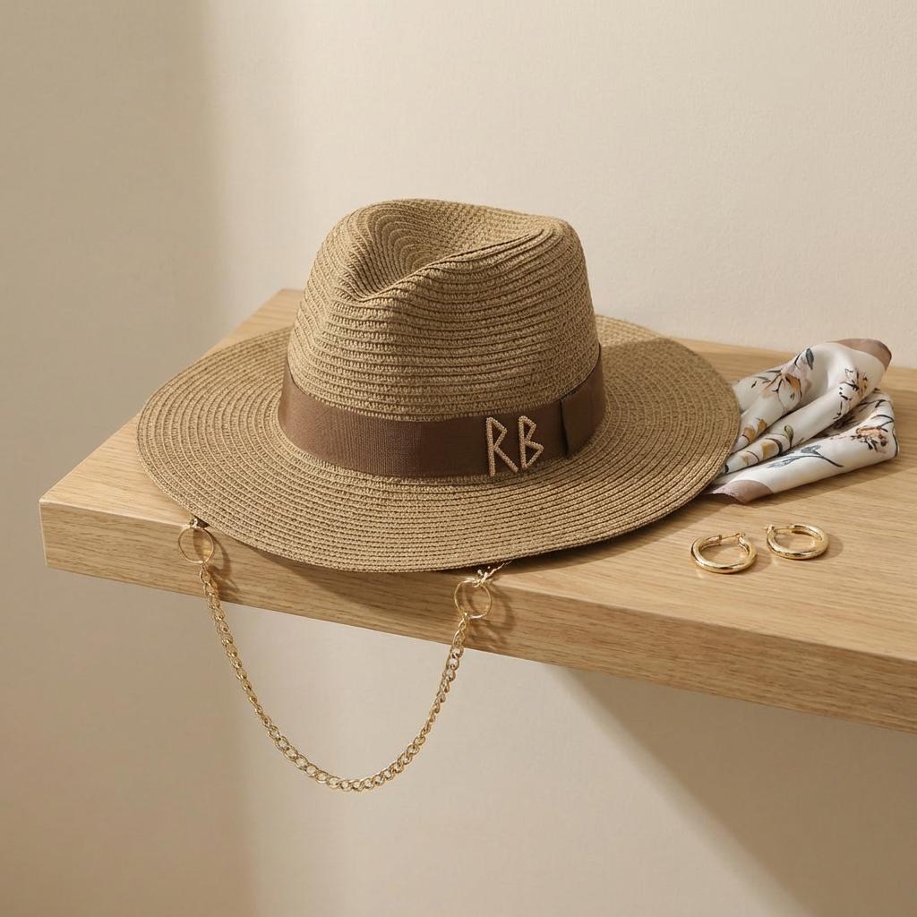 Womens Boho Straw Hat Fedora Wide Brim Beach Cap With Rb Monogram Chain Strap Summer Outdoor Hat Festival Travel Sombrero Paper