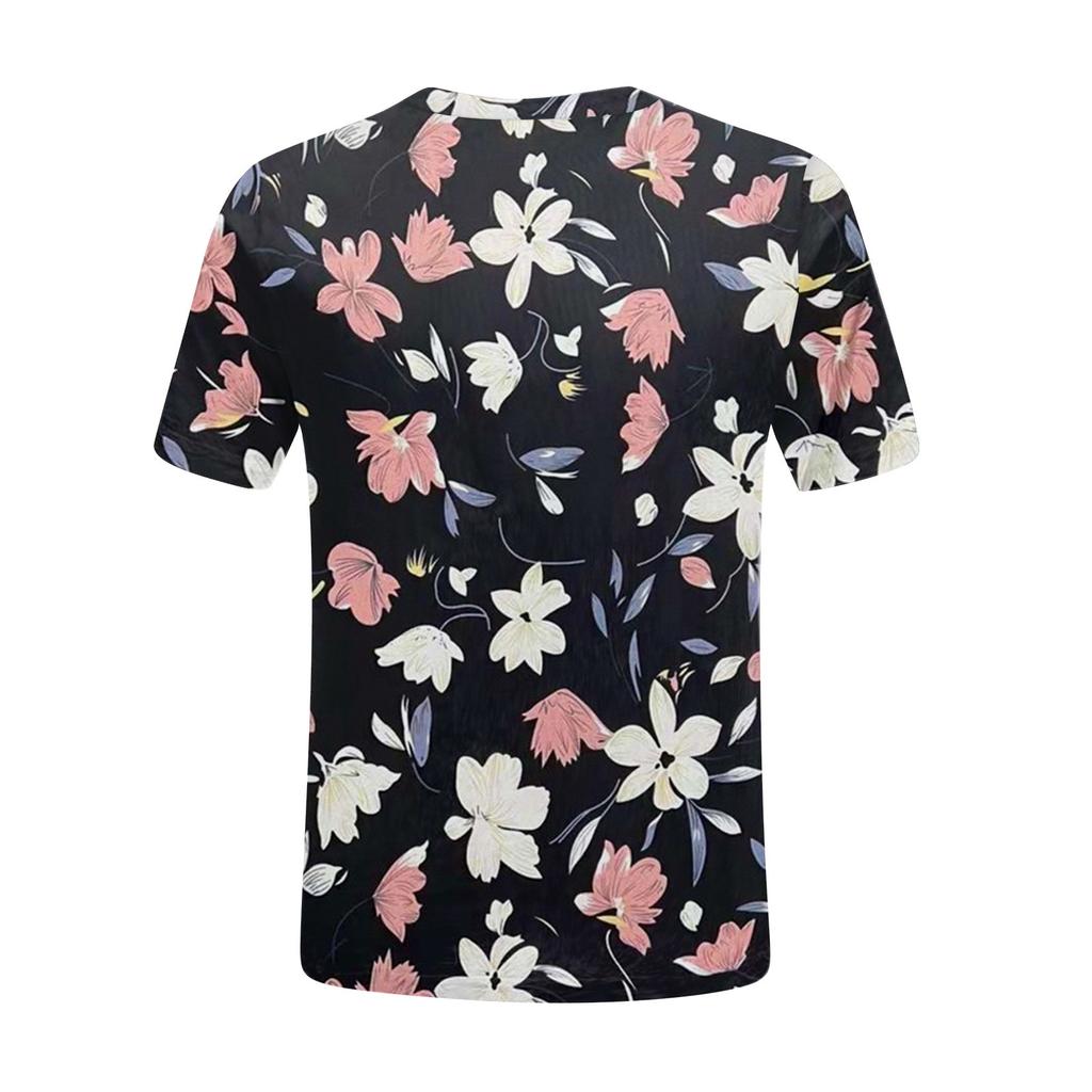 Kurzärmliges T-Shirt mit Rundhalsausschnitt für Damen, modisches T-Shirt mit Blumendruck, lässiges Oberteil, schulterlanges Kurzarmoberteil