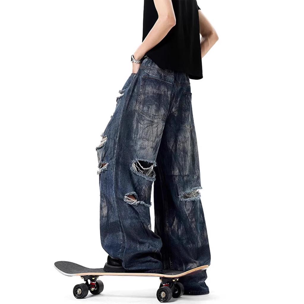 Men's summer washed ripped scimitar pants wide American design sense casual loose trousers jeans spot