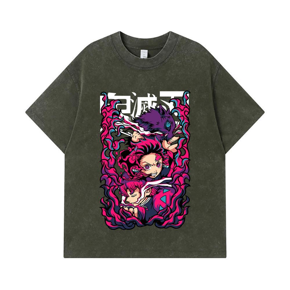 

275 GSM Washed T-shirts 100% Cotton Demon Slayer V78 Print Unisex Heavy Cotton T Shirt S армия зеленый