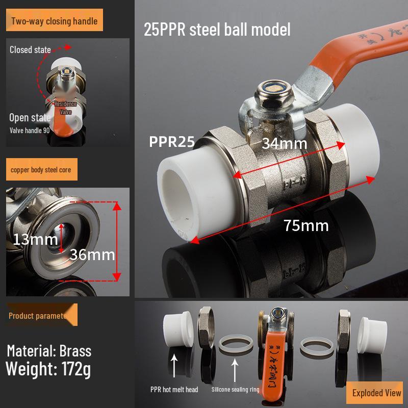 4-Point Double Union 20PPR Stainless Steel Ball Valve for Household Water Pipe Fittings