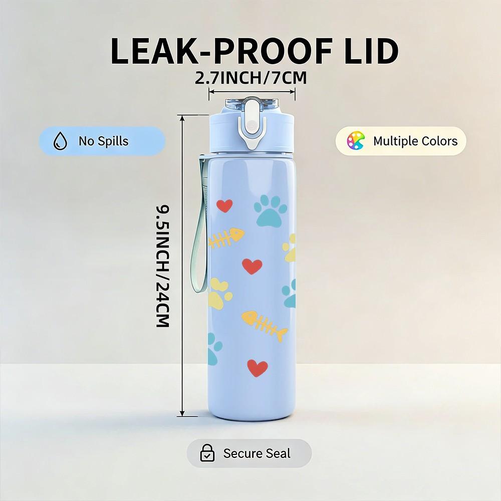 1PC Paw Print Heart Repeat Pattern 750ml Color Plastic Sports Water Bottle Leakproof Flip Straw Lid Suitable for Sports Office Home Use