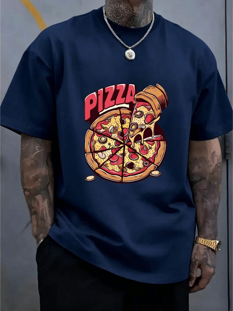 Unisex Vintage Cartoon Pizza Graphic Tee Cotton Loose Short Sleeve Food Lover Casual Top Male Party Summer Daily Street Outfit