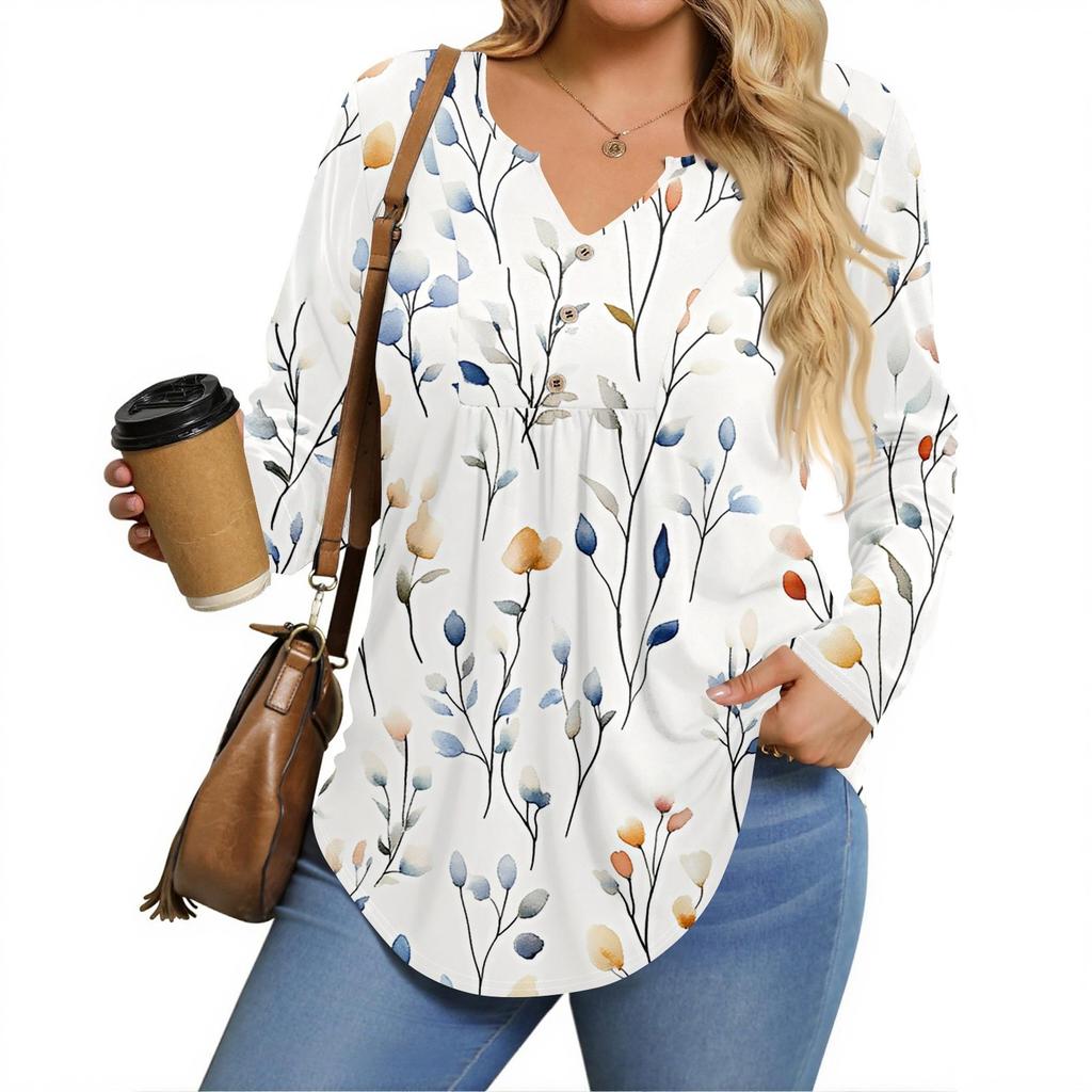 Dámská trička s dlouhým rukávem plus size s výstřihem do V, tunikové topy, základní volná trička