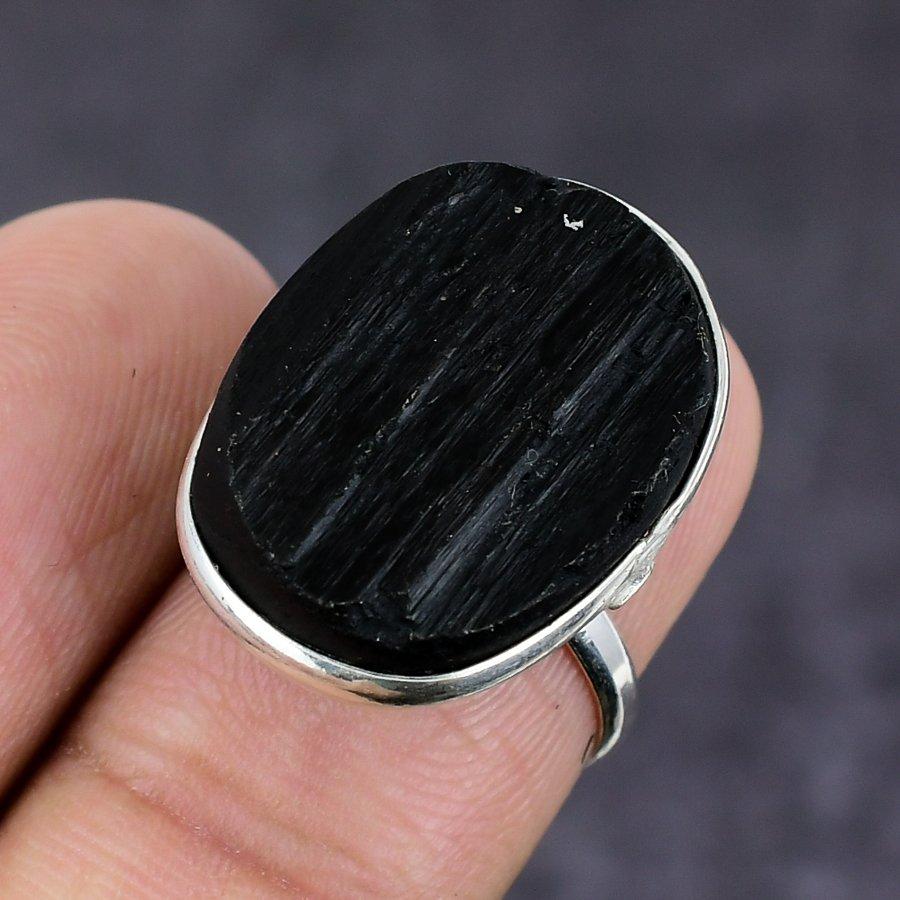 Natural Black Tourmaline Gemstone 925 Sterling Silver Jewelry Ring Size 6.5 O6e00