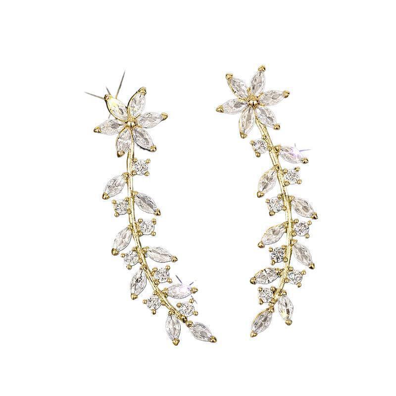 Rhinestone Flower & Leaf Earrings: Luxurious High-End European Style for Women