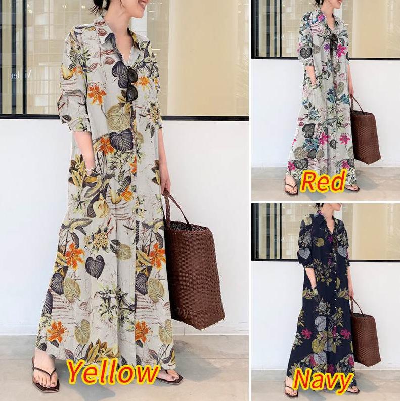 Womens Casual Loose Long Sleeve Pocket Button Shirt  Print Dress