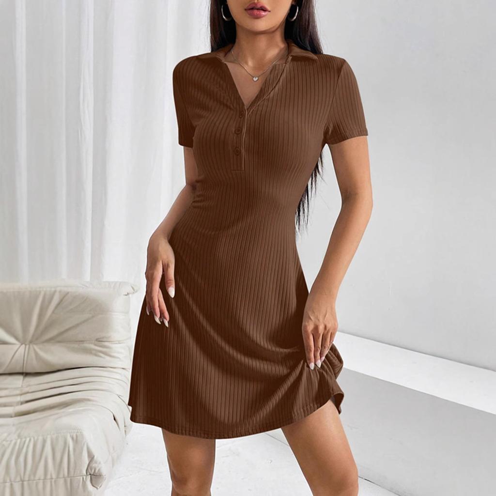 Women Summer Casual Short Sleeve Lapel Solid Color Above Knee One Piece Dress